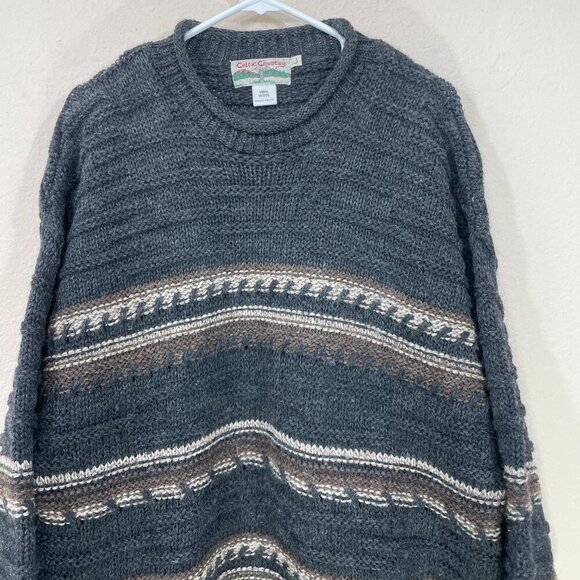 CELTIC COUNTRY Wool Sweater Mens Large Chunky Gray Fisherman Pullover Ireland - Picture 4 of 4